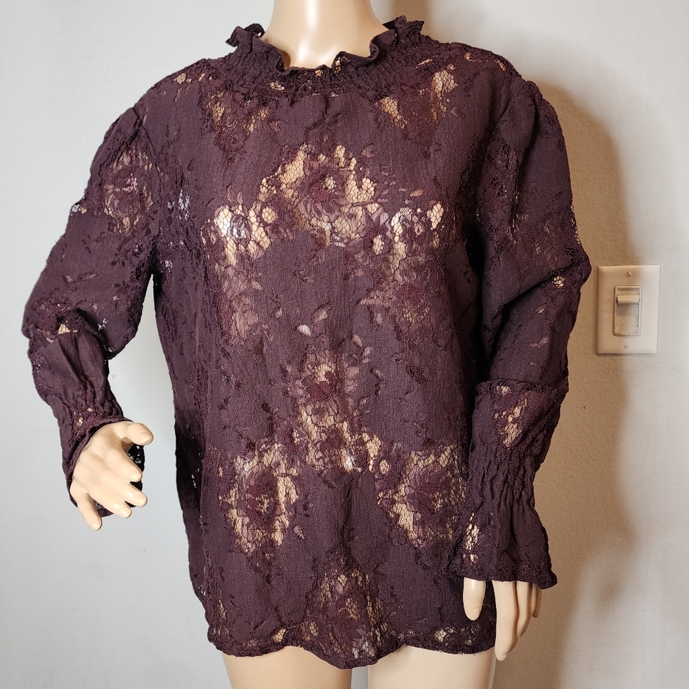 Elvi Lace Ruffle High Neck Long Sleeve Top Sheer Victorian Size 10 Burgundy